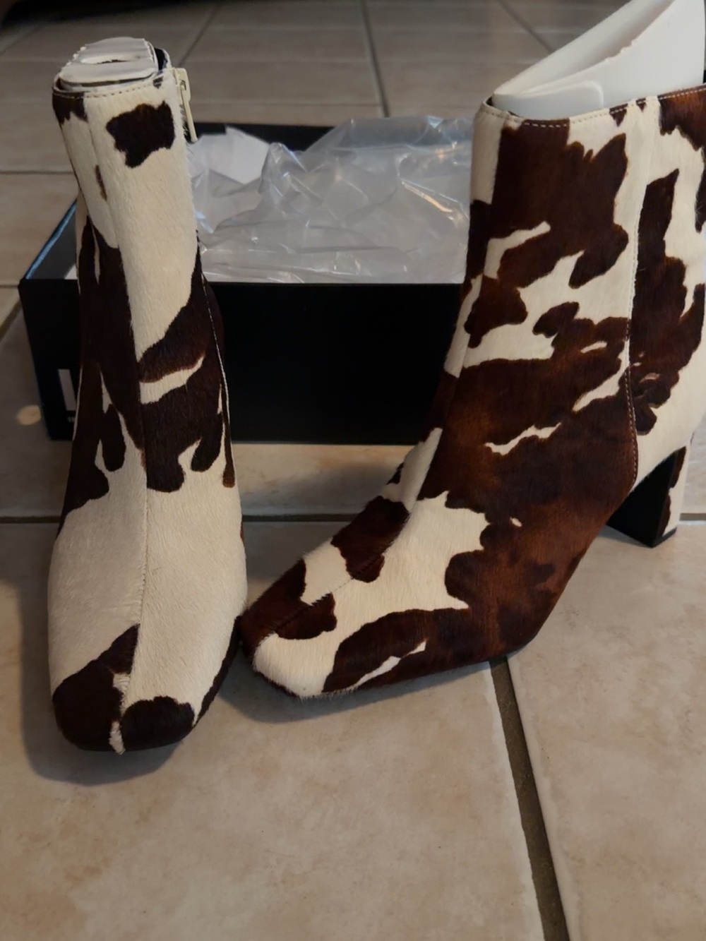 INC International Concepts Cow-Print Ankle Booties in Brown & White